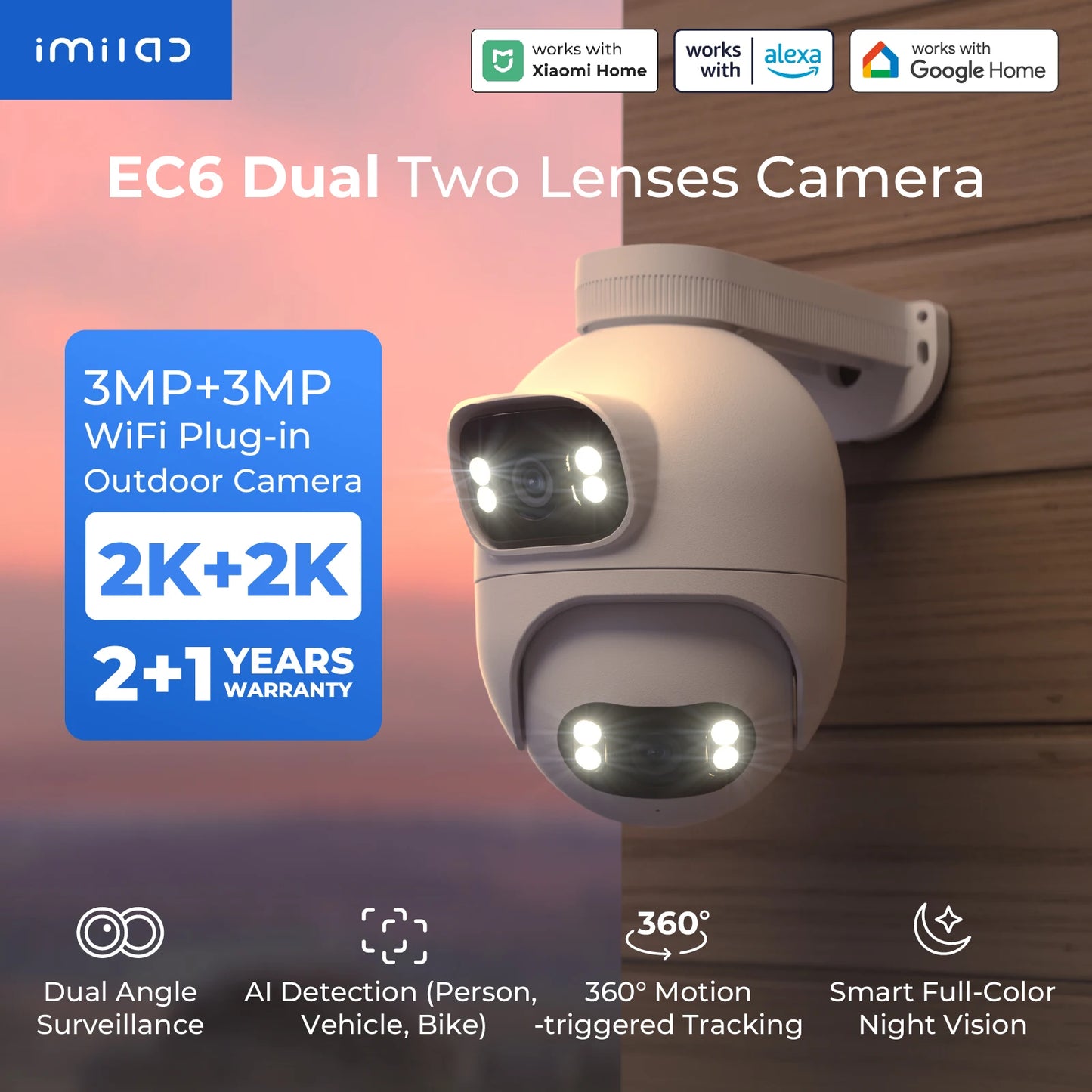 Outdoor Surveillance Camera, Dual Lens 360° PTZ Camera, Color Night Vision, WiFi/LAN, 7/24 Work EC6 Dual With MiHome App
