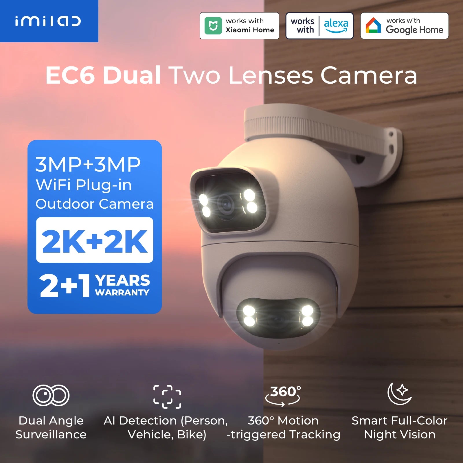 Outdoor Surveillance Camera, Dual Lens 360° PTZ Camera, Color Night Vision, WiFi/LAN, 7/24 Work EC6 Dual With MiHome App