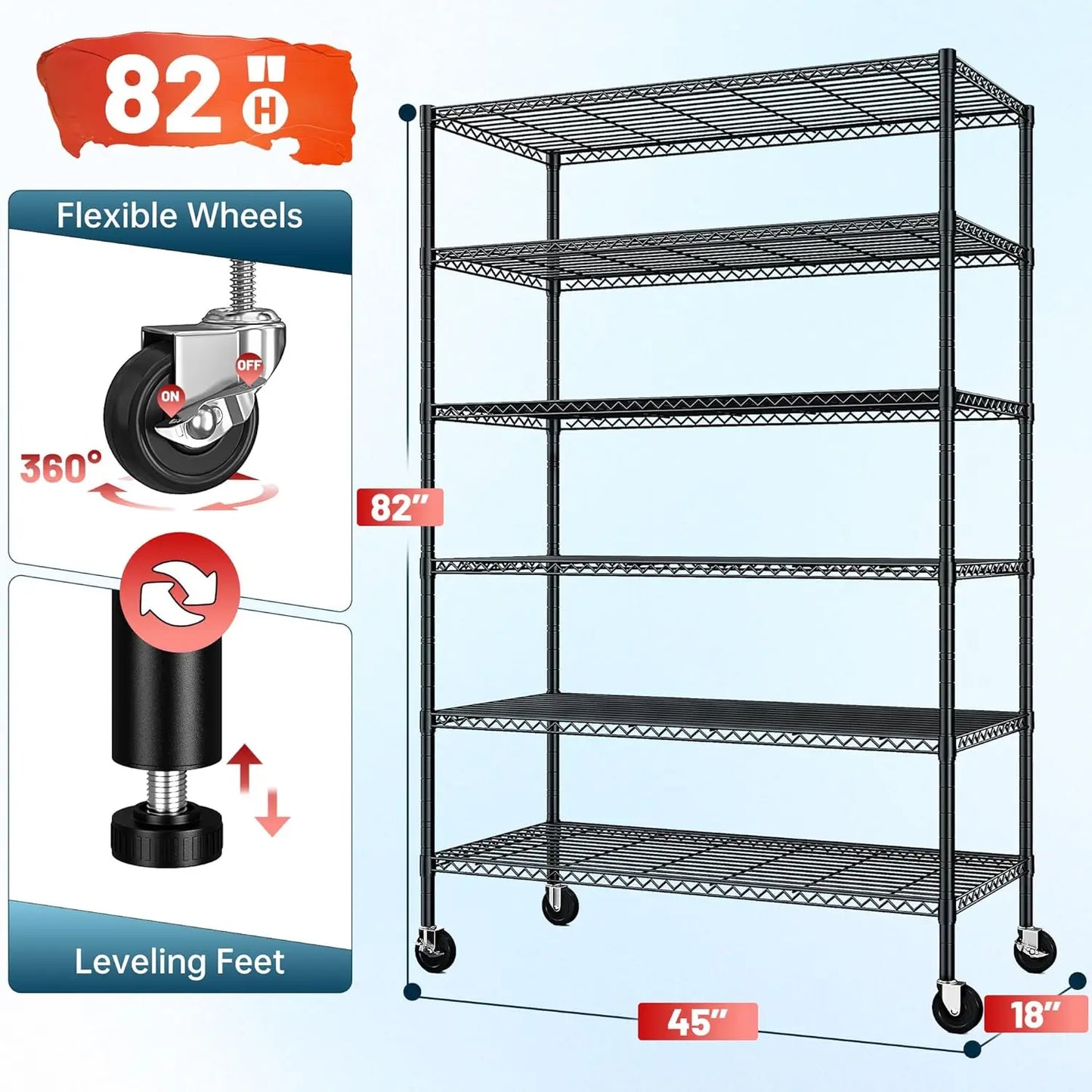 82" H X45 W X18 D Storage Shelves with Wheels