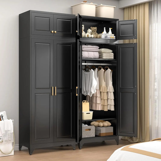 86" Metal Wardrobe Cabinet, Black Armoire Wardrobe Closet with Hanging Rod, Clothes Storage Cabinet