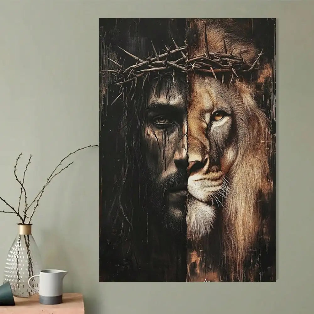 Jesus And Lion Framed Canvas Wall Art