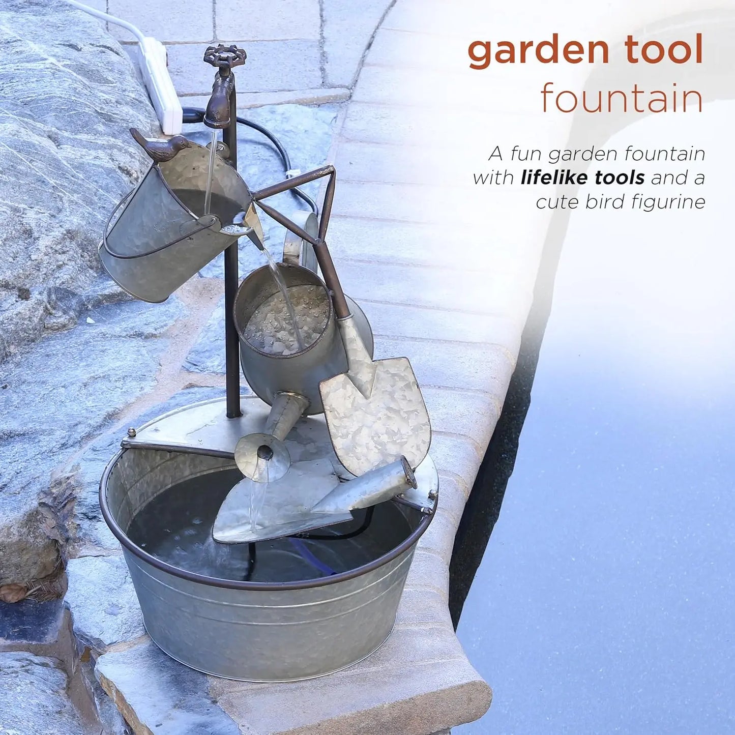 3-Tiered Metal Garden Fountain with Waterfall, Tools and Faucet, 28" Tall Gray