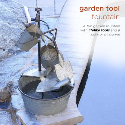 3-Tiered Metal Garden Fountain with Waterfall, Tools and Faucet, 28" Tall Gray