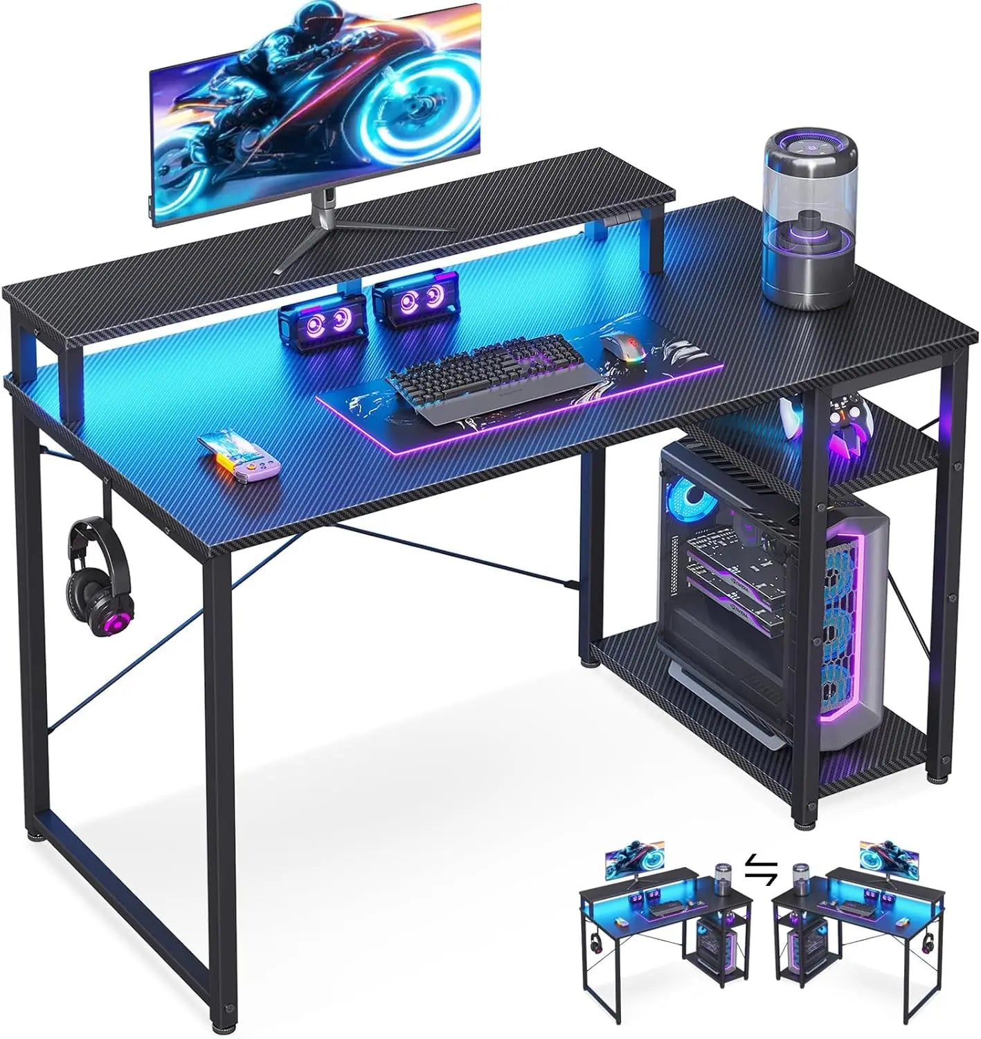 40-Inch Gaming Desk with LED Lights, Storage Shelf & Monitor Stand