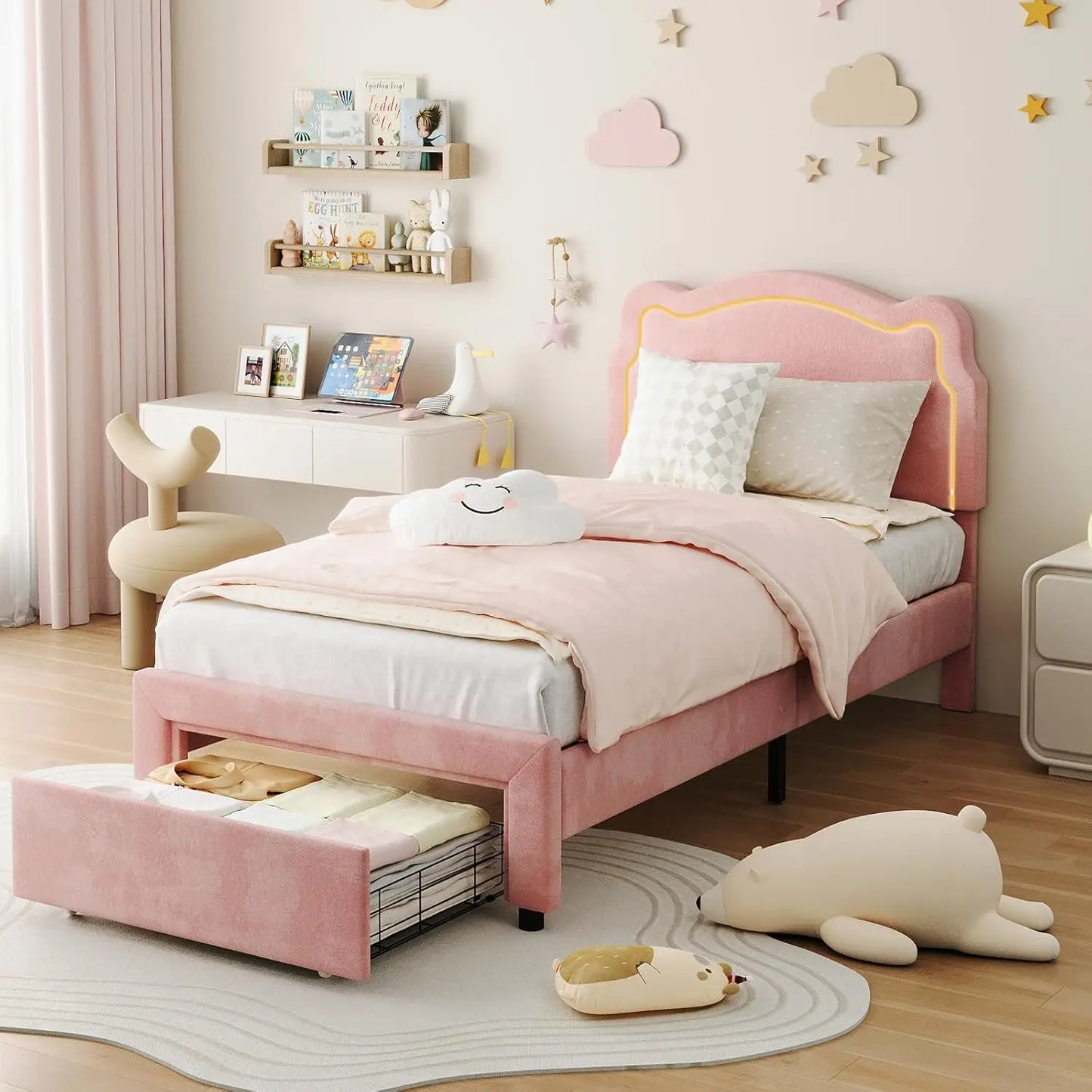 Twin Size Upholstered Princess Bed Frame with Bear-Shaped RGB LED Headboard and Storage Drawer
