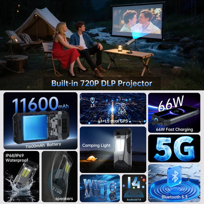 Unihertz Tank 4 5G Rugged Phone Built-in 720P Projector 24+512GB 11600mAh Dimensity 7300 120Hz 6.78'' AMOLED Screen