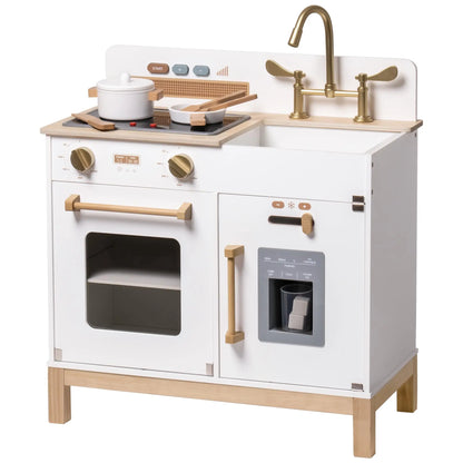 Wooden Play Kitchen with Real Lights, Sounds, and Ice Cube Dispenser
