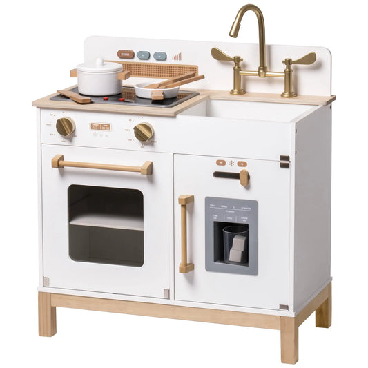 Wooden Play Kitchen with Real Lights, Sounds, and Ice Cube Dispenser