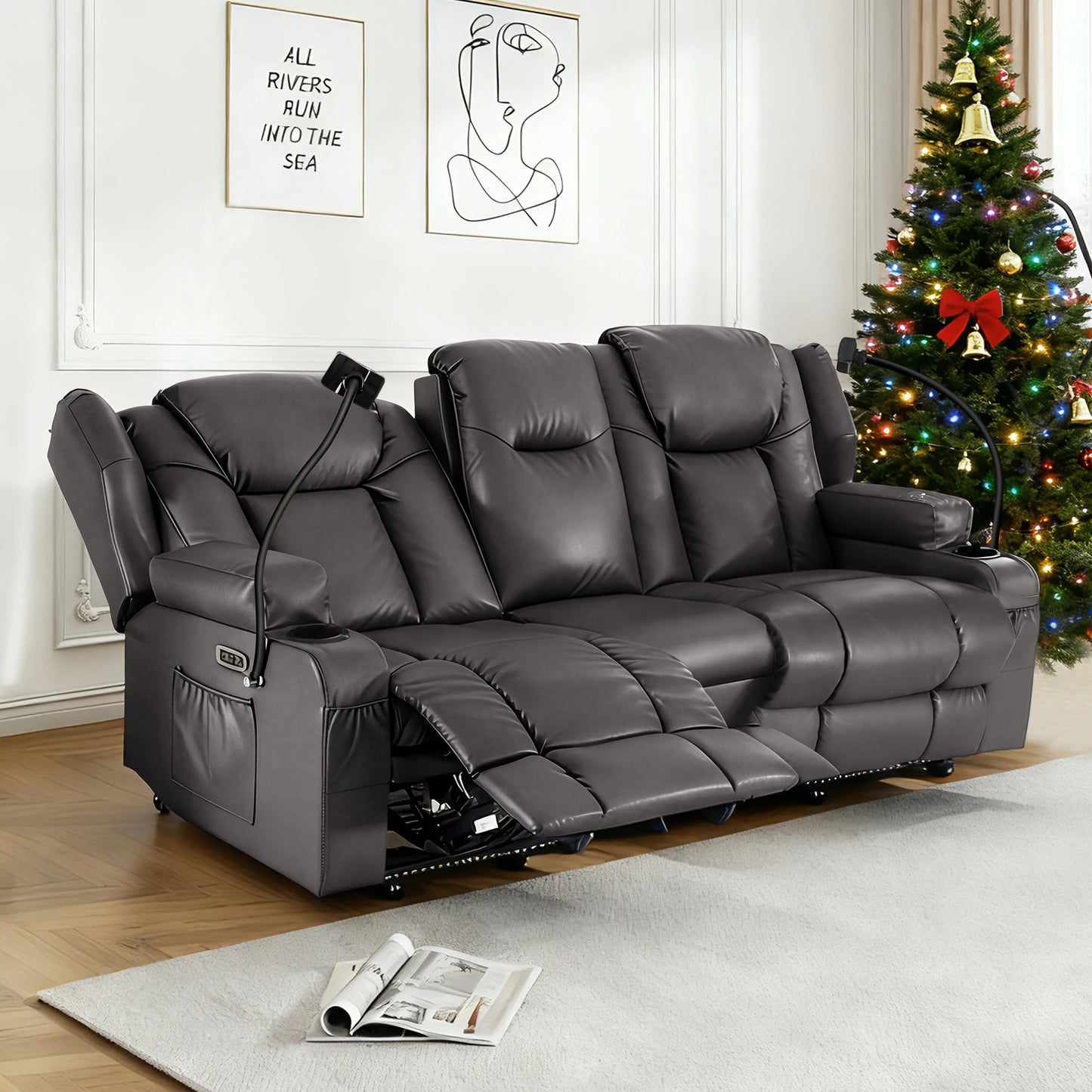 Electric Recliner Loveseat for Seniors, Massage & Heat, Dual Motor, 350LBS Capacity, Cat-Claw Leather, For Living Room