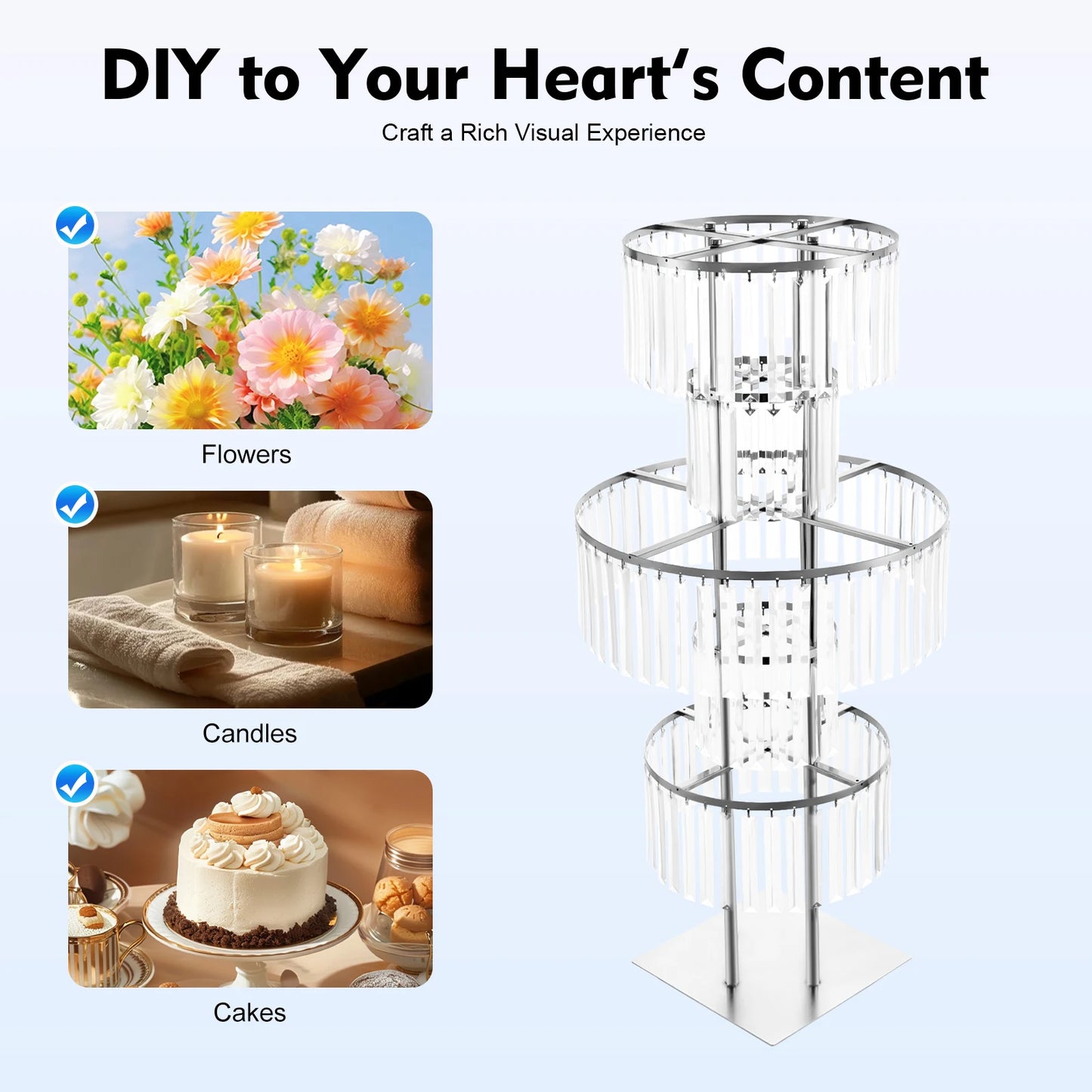Gold/Silver 5 Tier Wedding Centerpiece 110cm Acrylic Crystal Flower Vase Rack for Floor Table Decor Display Holder,