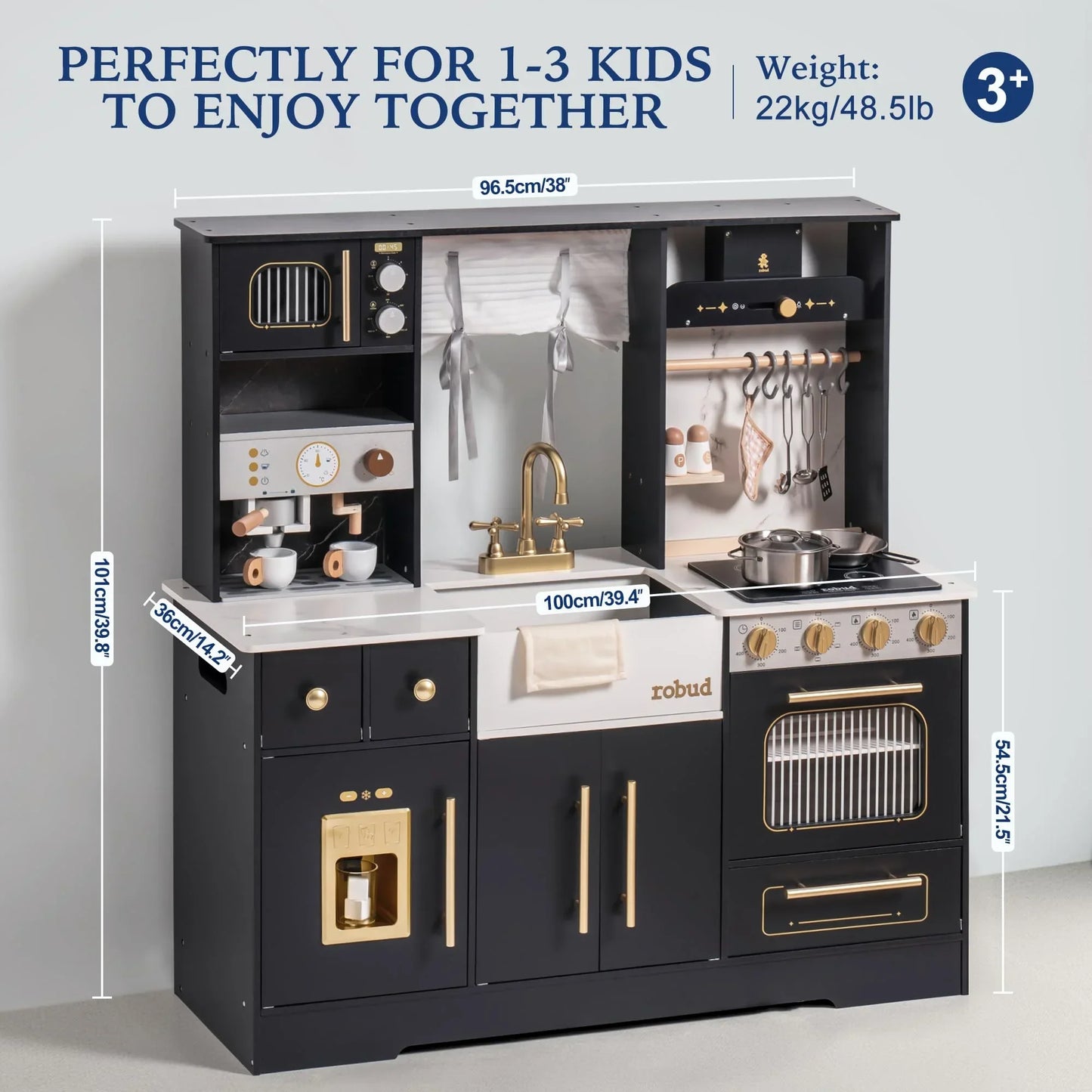 Wooden Play Kitchen with Wash basin, Cookware, Accessories, and Microwave.  Toy Kitchen Gift for Boys and Girls
