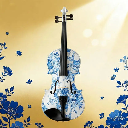 4/4 Blue White Floral Art Violin with Case Bow Rosin & Shoulder Rest