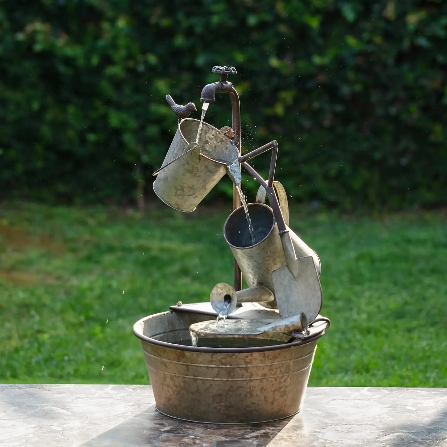 3-Tiered Metal Garden Fountain with Waterfall, Tools and Faucet, 28" Tall Gray