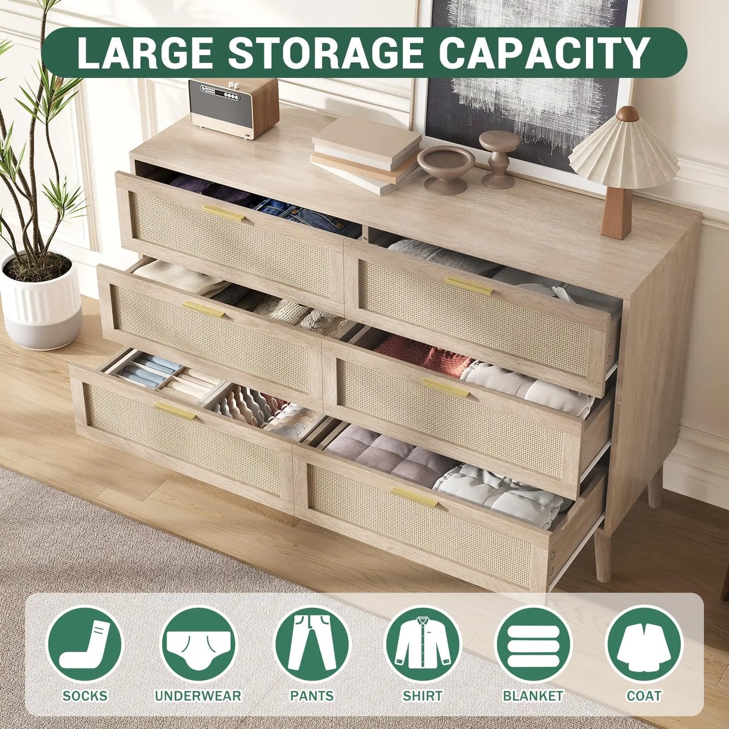 47.2" Rattan 6 Drawer Dresser With Gold Handles Large Storage Dresser For Bedroom