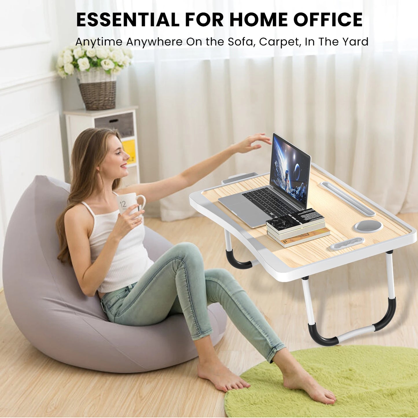 Extra-large multifunctional folding desk, portable wooden laptop bed desk with cup holder