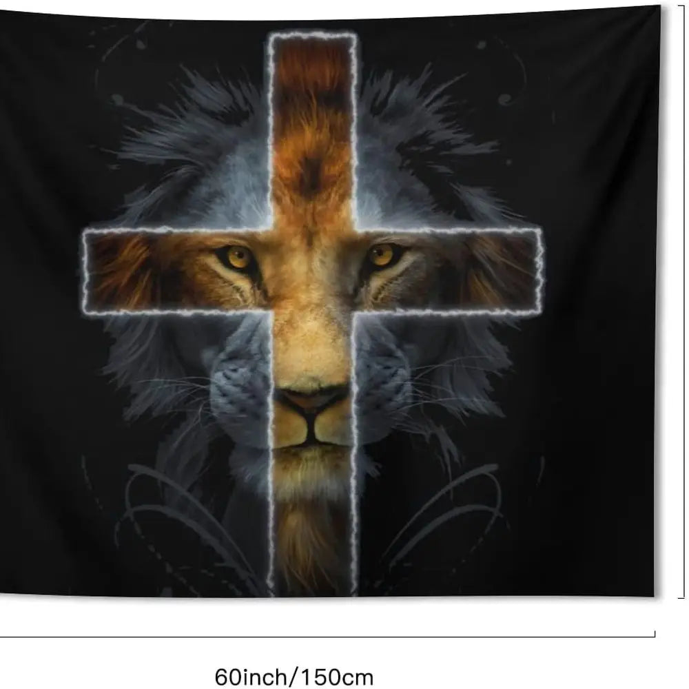 The Cross and Lion King Tapestry - Gold and Black Wall Hanging 60x51 Inches