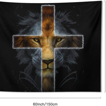 The Cross and Lion King Tapestry - Gold and Black Wall Hanging 60x51 Inches