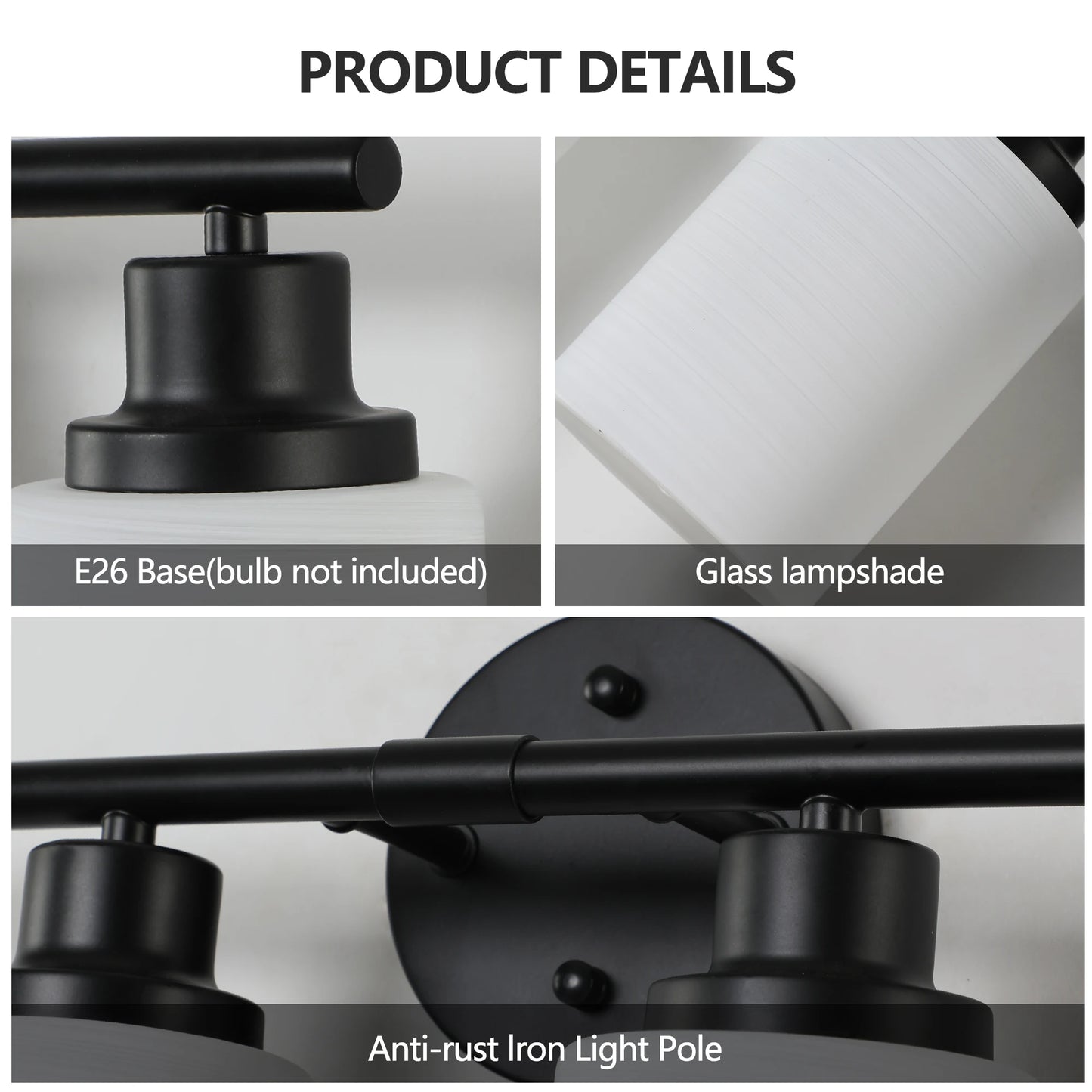 Modern 4/5/6 Vanity Bathroom Mirror Lights, With Frosted White Glass Lampshades and Black Iron Frame