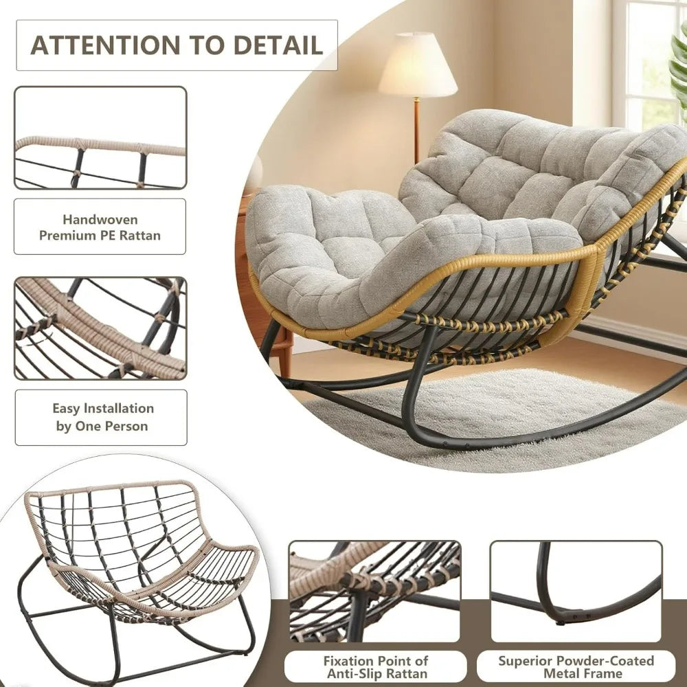Oversized Papasan Rocking Chair With Thick Cushion Rattan Wicker Egg Chair for Indoor Outdoor Patio Bedroom Living Room