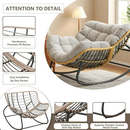 Oversized Papasan Rocking Chair With Thick Cushion Rattan Wicker Egg Chair for Indoor Outdoor Patio Bedroom Living Room