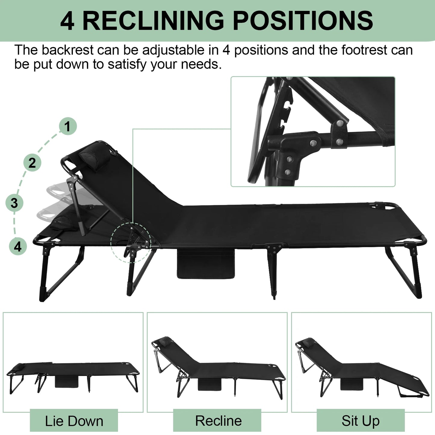 Portable Folding Camping Cot - 3-Position Adjustable Reclining Lounge Chair with Pillow, Outdoor Sleeping Bed