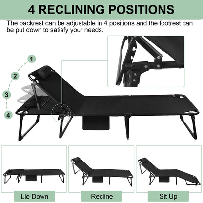 Portable Folding Camping Cot - 3-Position Adjustable Reclining Lounge Chair with Pillow, Outdoor Sleeping Bed