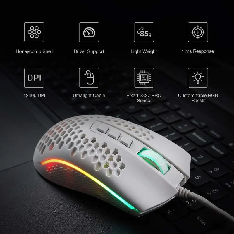 Redragon M808 Storm Lightweight RGB LED USB Gaming Mouse 12,400 DPI Optical Sensor 7 Programmable Buttons