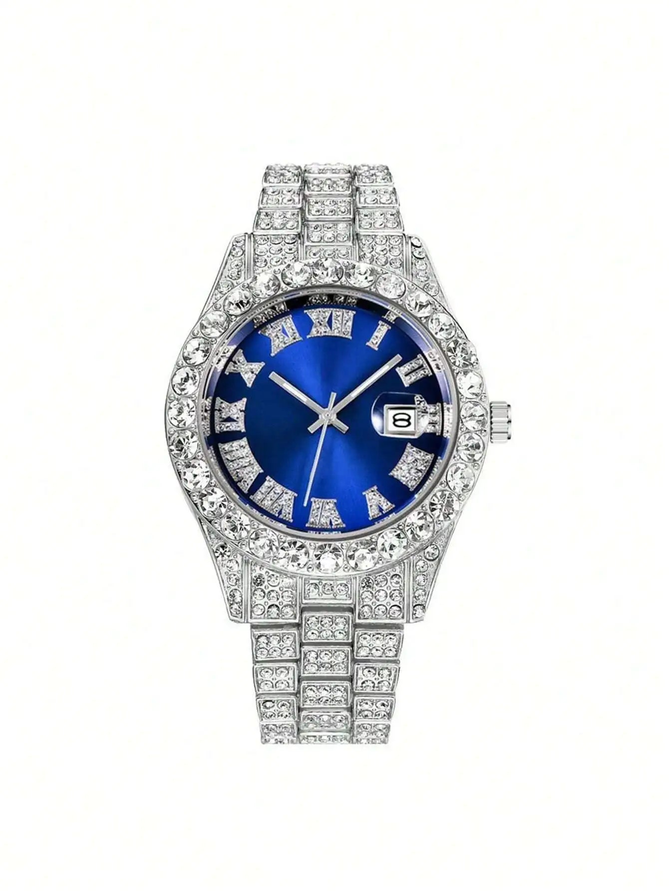 Luxury Blue Dial Roman Numeral Crystal-Embellished Quartz Watch for Women