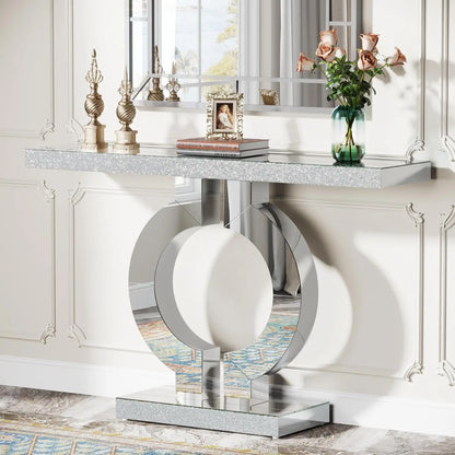 Mirror finished Console Table with O-Shaped Base, Great Entryway Table or Glass Sofa Table