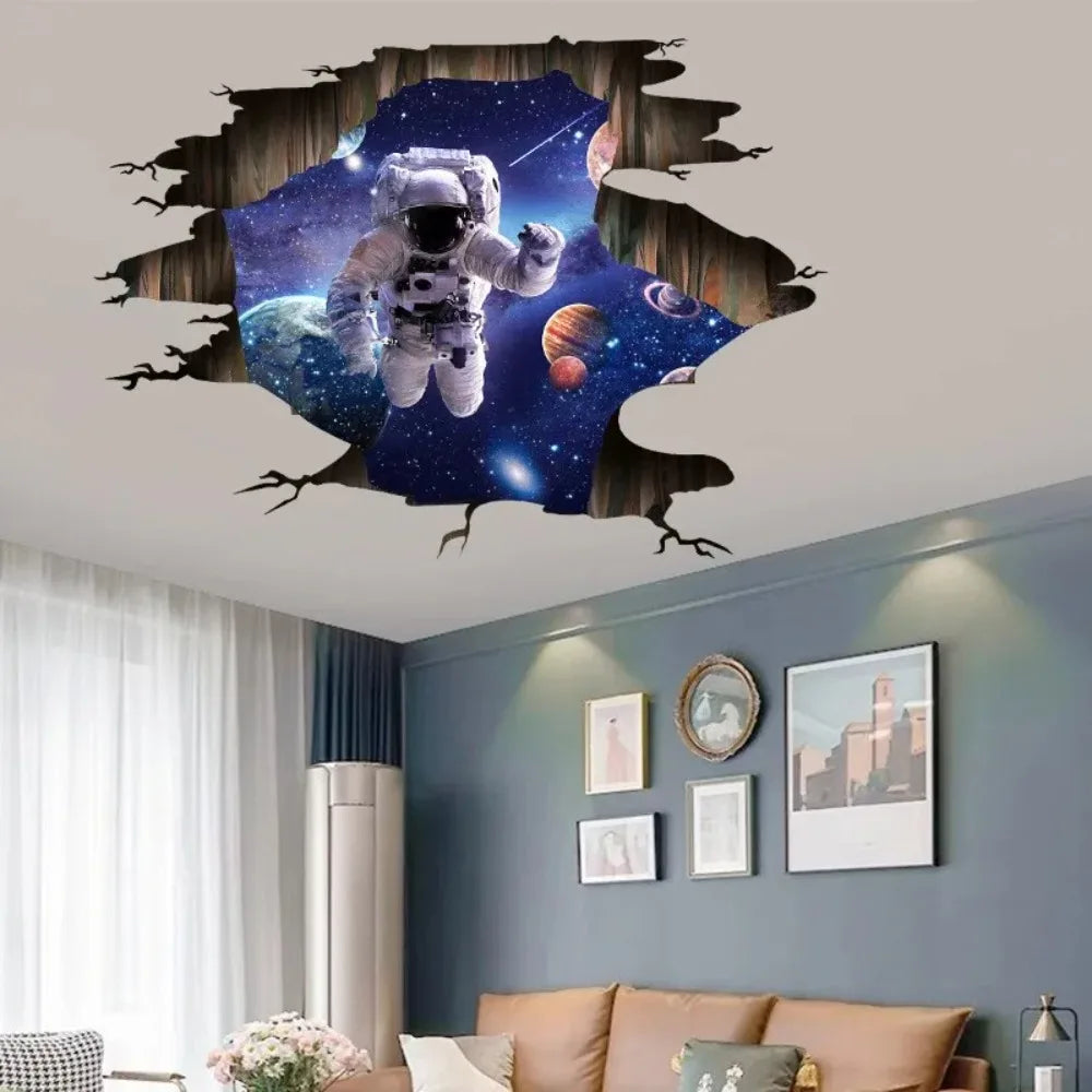 3D Space Astronaut Vinyl Broken Wall Stickers Starry Planet Design Art Mural for Kids Room or Ceiling