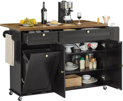 60 inch Mobile Kitchen Island, Rolling Trolley.  Drop Leaf Table Home Cart with Power Outlet, Spice, Towel Rack and Trash Bin