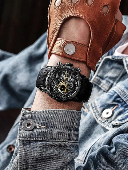 Men's Large Dial Chronograph Waterproof Quartz Watch, with 3D Carved Dragon Design