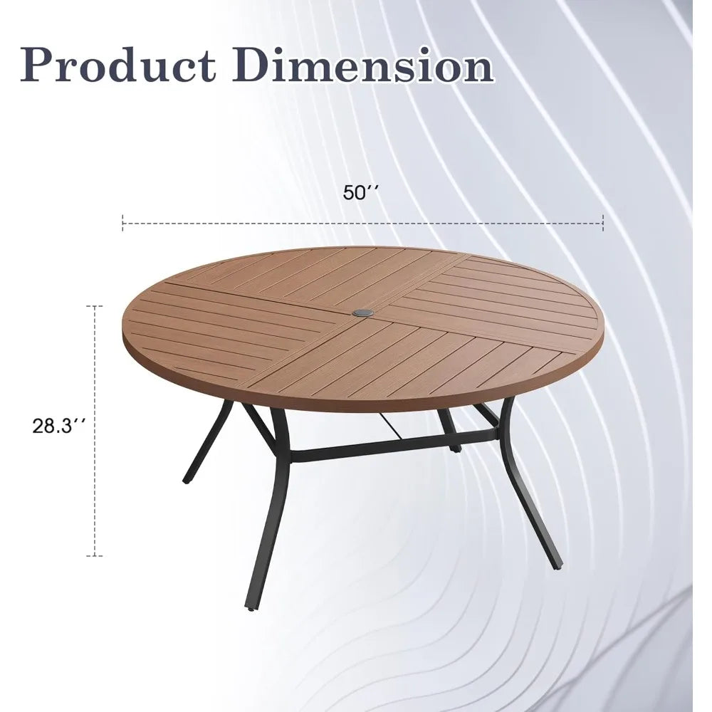 Outdoor Patio Round Dining Table for 6, 49.9" x 49.9" Metal Sleek Slat Dining Table with Umbrella Hole for Lawn Garden Deck Back