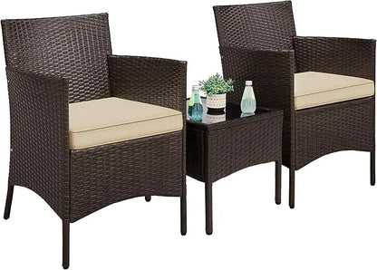 3 Pieces Patio Porch Furniture Set, Outdoor PE Rattan Wicker Conversation Set with Soft Cushions, Glass Coffee Table
