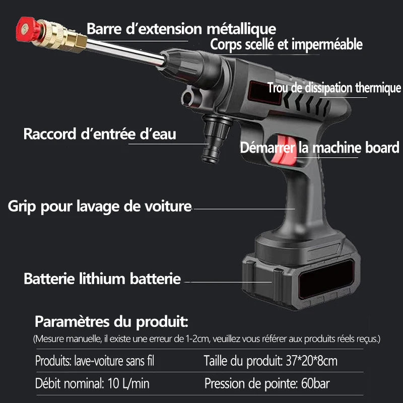 Rechargeable Wireless High Pressure Washer Self Priming Sustain 300W Car Wash Water Gun With Li-ion Battery