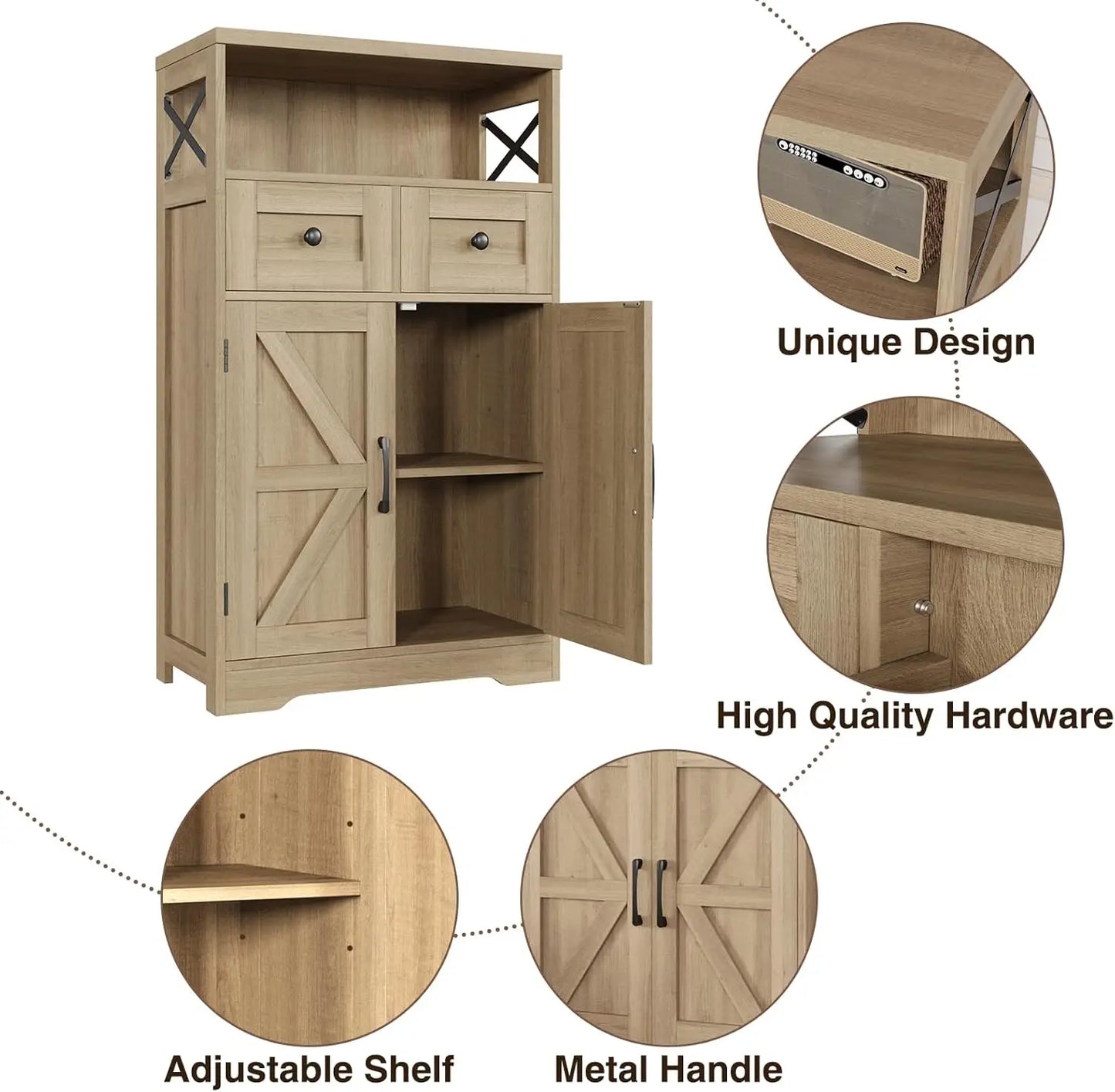 Natural Wood Storage Cabinet with Drawers and Shelves Standing Kitchen Pantry Cabinet for Home or Office