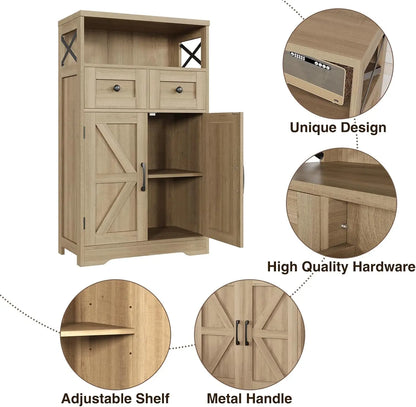 Natural Wood Storage Cabinet with Drawers and Shelves Standing Kitchen Pantry Cabinet for Home or Office