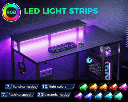 40-Inch Gaming Desk with LED Lights, Storage Shelf & Monitor Stand