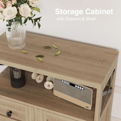 Natural Wood Storage Cabinet with Drawers and Shelves Standing Kitchen Pantry Cabinet for Home or Office