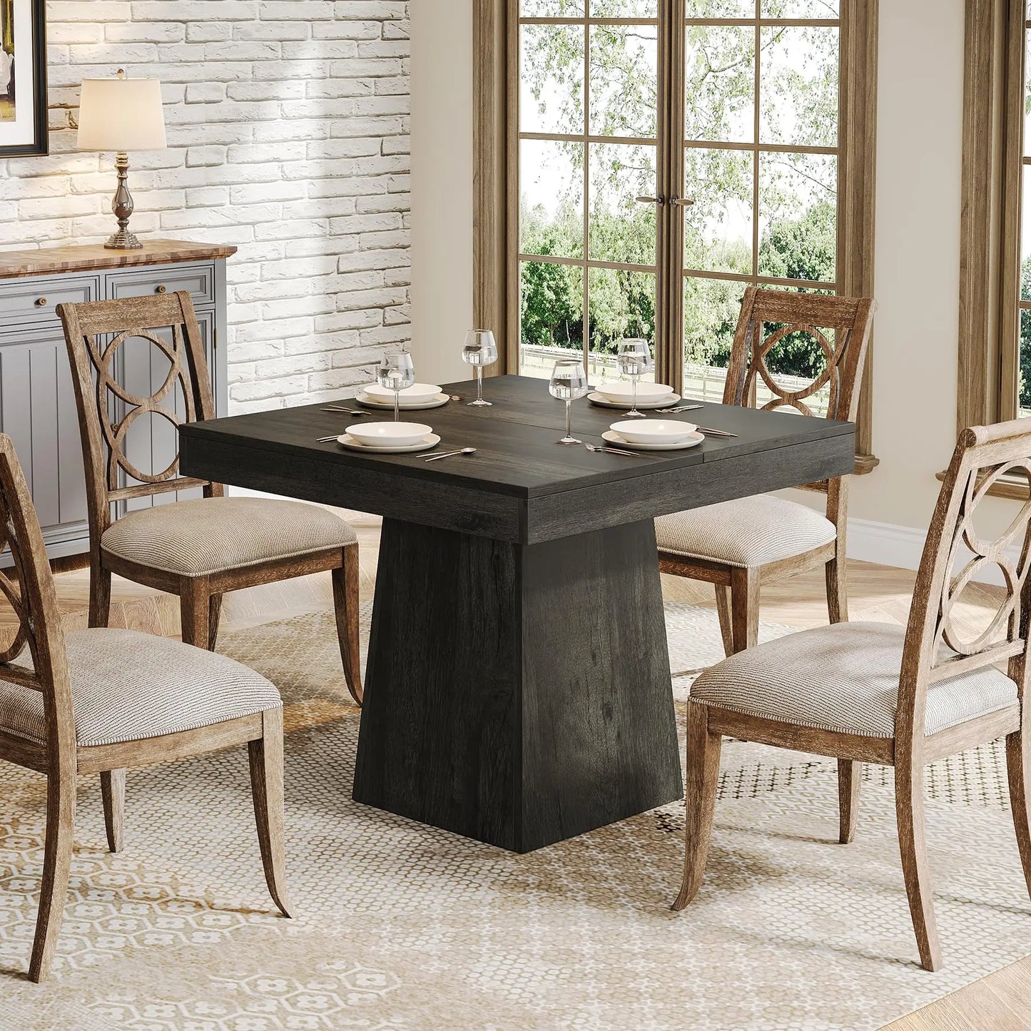 Square Dining Table for 4 with Sturdy Pedestal Base,