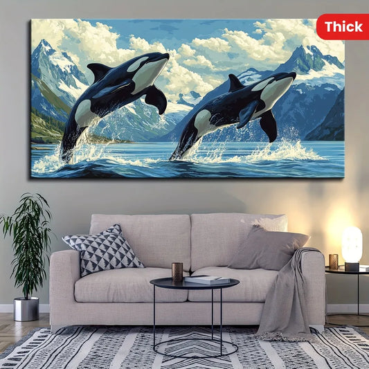 1.5 inch thick pine solid wood frame, hallway home living room decorated with suspense killer whale and the blue ocean