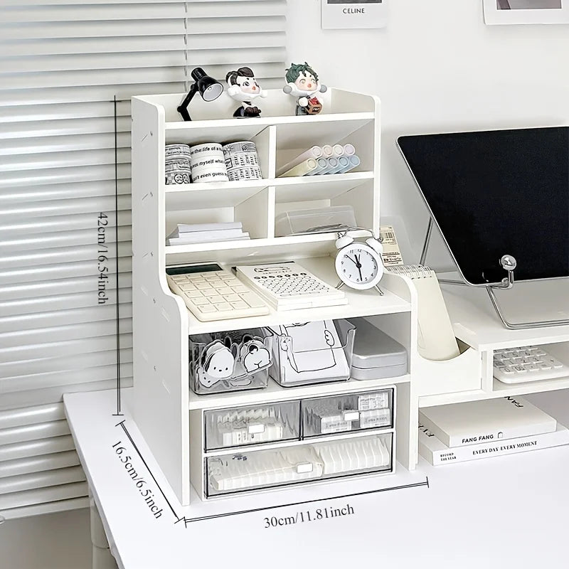 1PC, 2-Tier Desk Organizer & Drawer Storage With Tilt Pen Holder and Raised Bookshelf