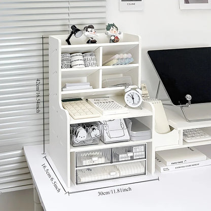 1PC, 2-Tier Desk Organizer & Drawer Storage With Tilt Pen Holder and Raised Bookshelf