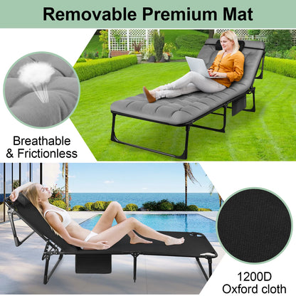 Portable Folding Camping Cot - 3-Position Adjustable Reclining Lounge Chair with Pillow, Outdoor Sleeping Bed