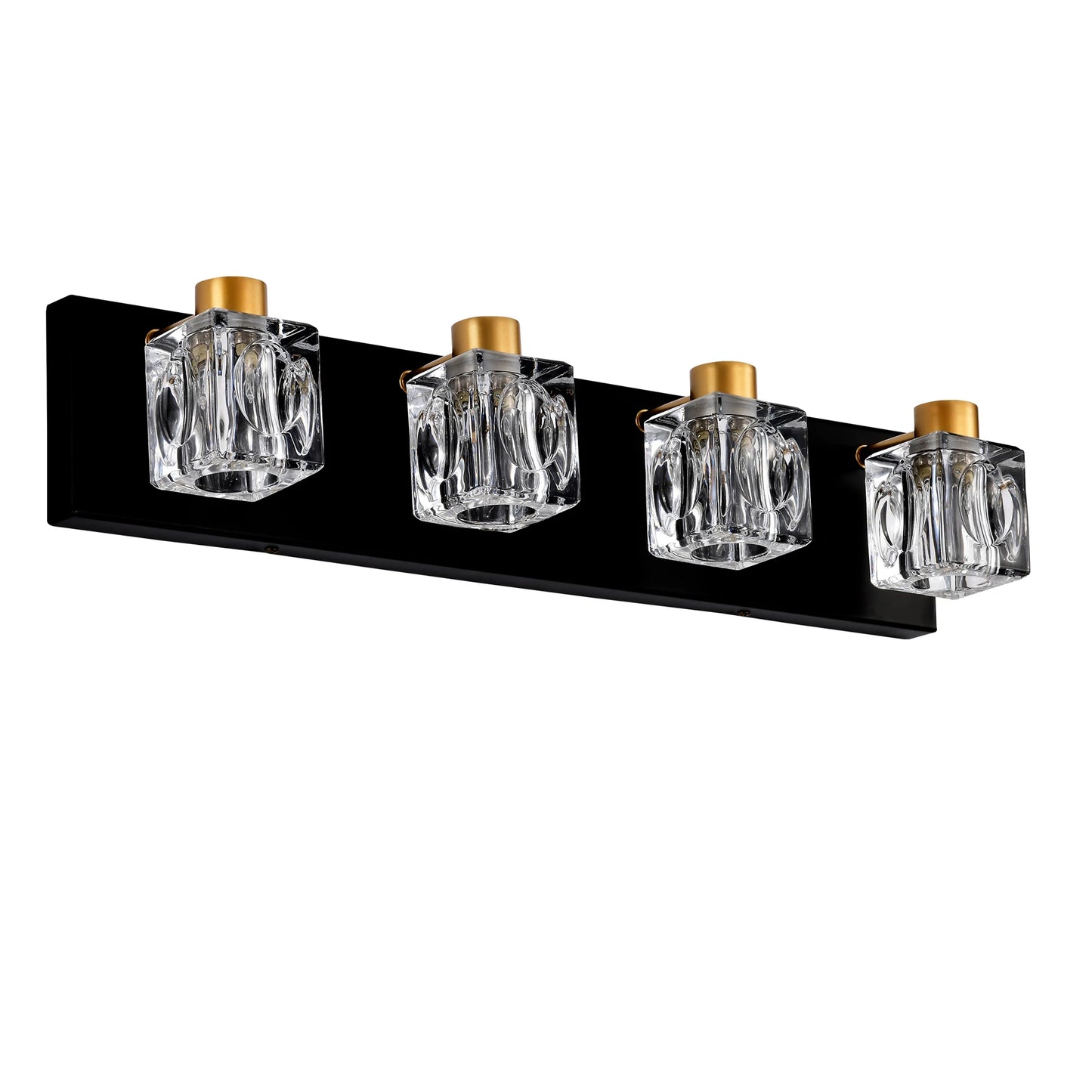 4-Light Matte Black + Gold Bathroom Light Fixtures, with Crystal Glass Shades