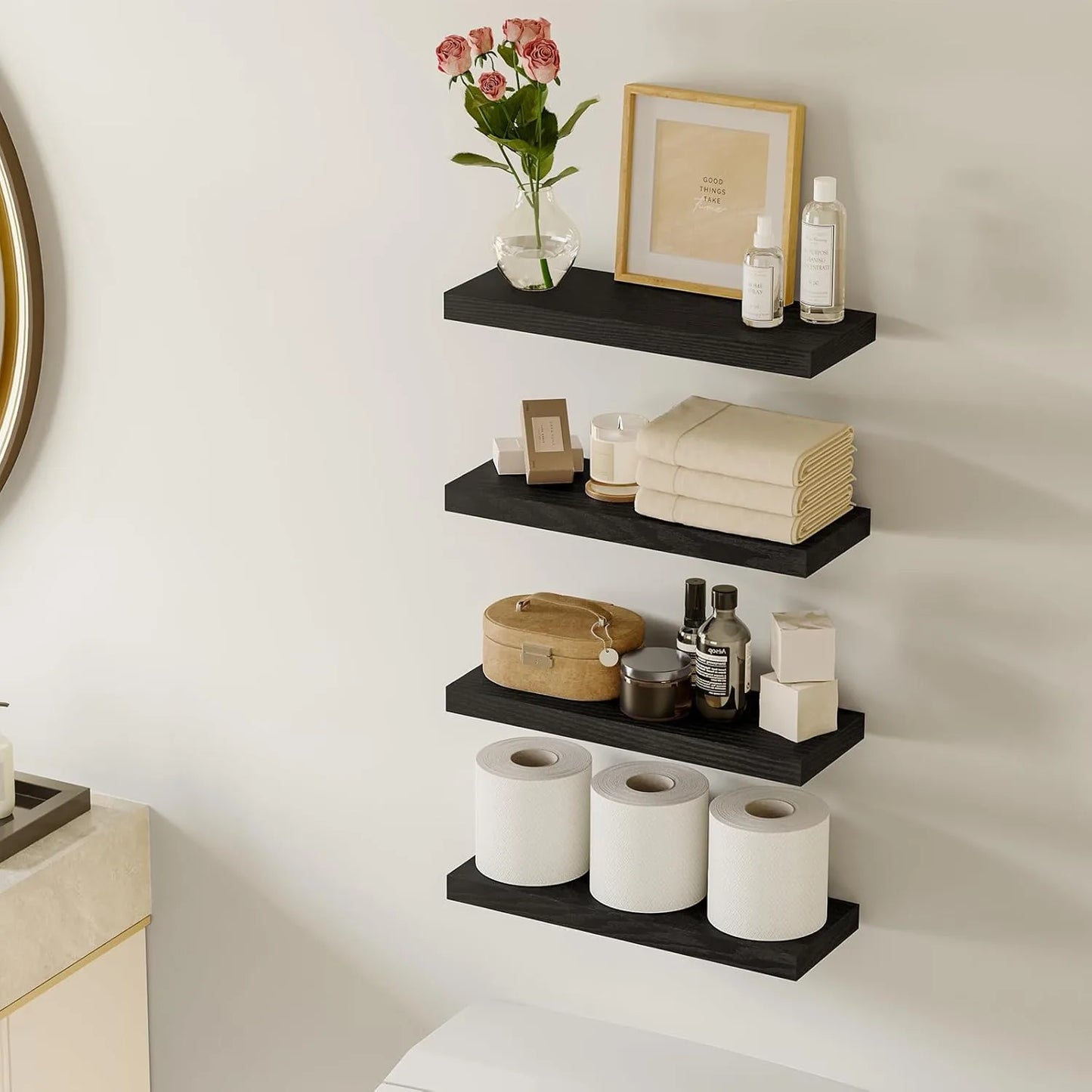 4 PACK Floating Shelves; Black Wall Mounted Display Shelves for Living Room Bedroom Home Decor