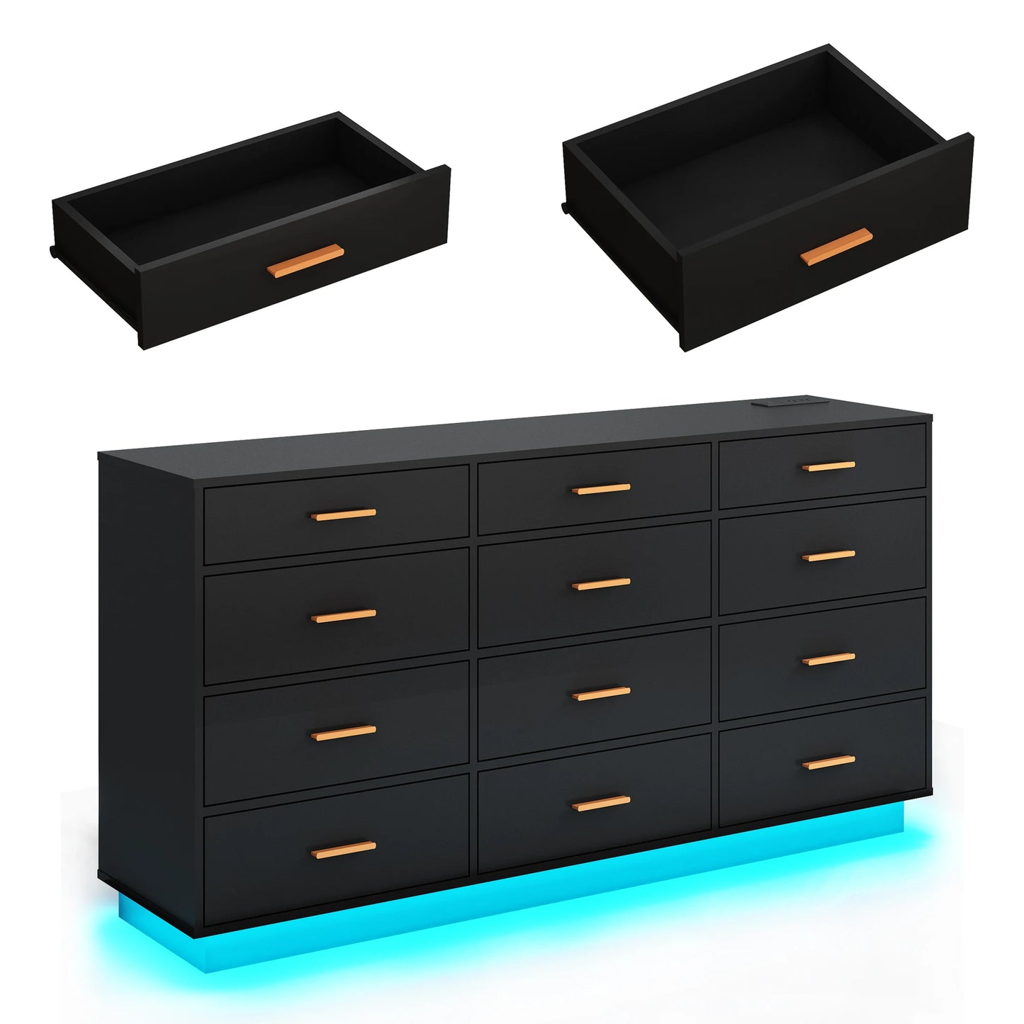 63 inch, 12 Drawer Dresser for Bedroom with Power Outlets & LED Lights