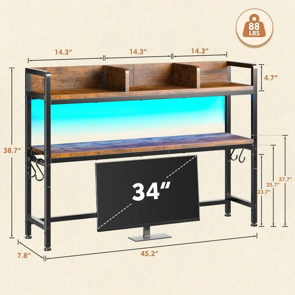 45.2" Desk Shelf with LED Lights and Hooks, 2-Tier Adjustable Multipurpose Solid Wood Desk Hutch Dorm, Desktop