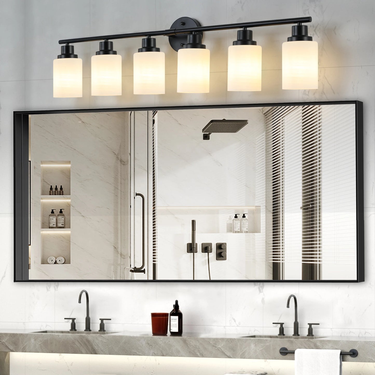 Modern 4/5/6 Vanity Bathroom Mirror Lights, With Frosted White Glass Lampshades and Black Iron Frame