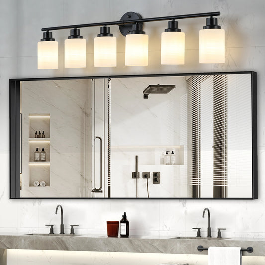 Modern 4/5/6 Vanity Bathroom Mirror Lights, With Frosted White Glass Lampshades and Black Iron Frame